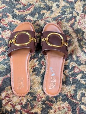 Franco Sarto Dark Brown Leather Slide Sandals with Gold Horsebit